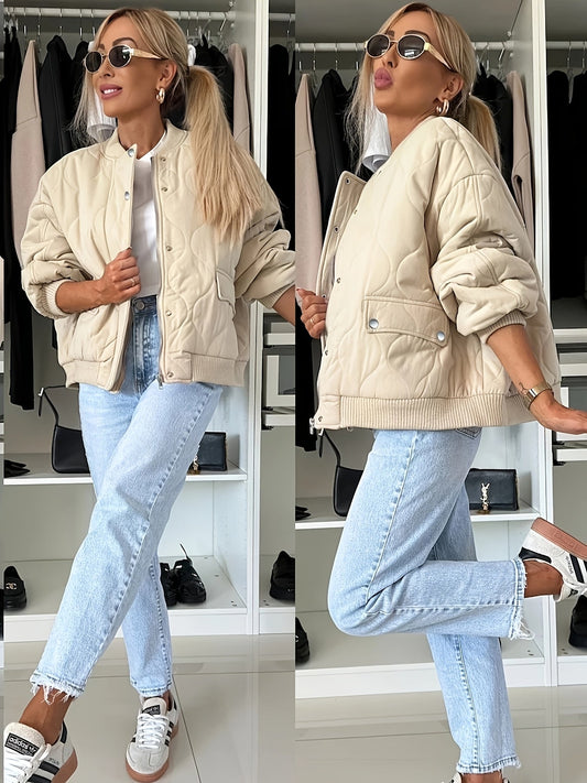 Women's Quilted Block Color Puffer Jacket | Warm Coat with Reversible Collar and Pockets - Perfect Season Starter for Spring and Autumn