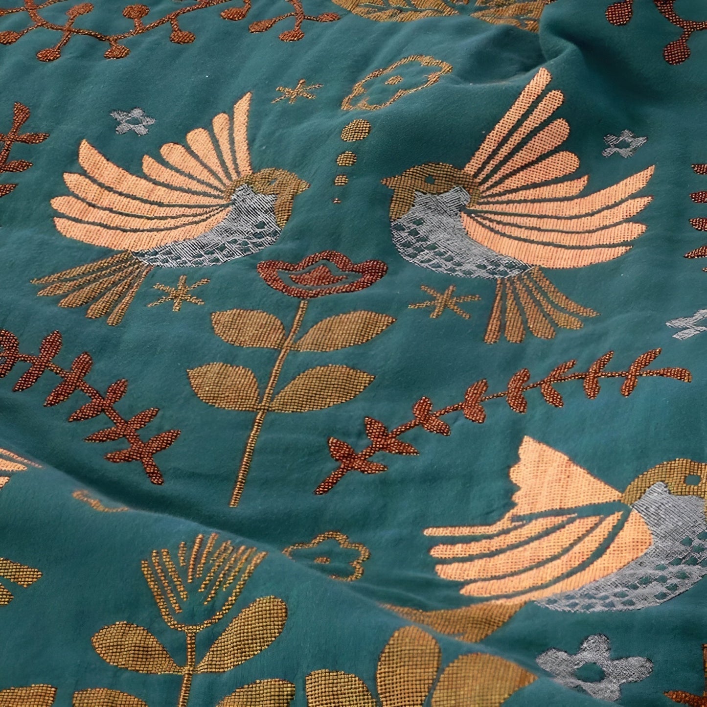 Vendbar bomuldsplaid med blomst- og fuglemønster – Grøn Sleepy Choice i 150x200 cm eller 200x230 cm