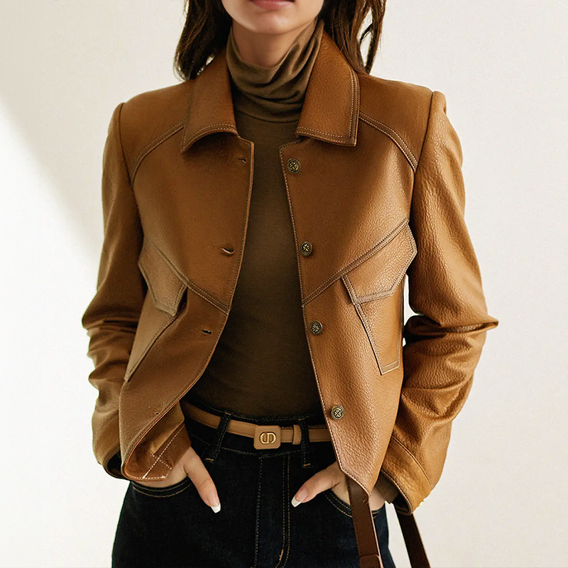 Elegant women's jacket in stylish brown tone with long sleeves
